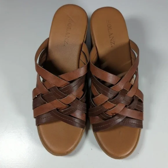 Solanz 7.5 M Sandals Brown Weaved‎ Block Heel Open Toe 90s Y2K - Picture 5 of 6